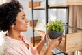 woman decorating home with flower or houseplant Royalty Free Stock Photo