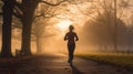 A woman dedicated to a healthy lifestyle is captured during a sunrise jogging workout in the park