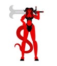 Woman demon Warrior with sword. Strong Female devil. berserk Succubus red. lady satan. Hell warriors. Vector illustration Royalty Free Stock Photo