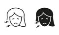 Woman with Dental Pain Symbol Set. Toothache Silhouette and Line Icons. Human Oral Disease, Dentist's Medical