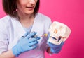 Woman dentist with a carpool syringe injects anesthetic into the gum of the artificial skull