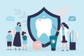 Woman dentist explains to mother with children how to properly maintain oral hygiene. Various dental tools. Specialist shows how Royalty Free Stock Photo