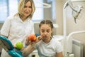 Woman dentist gives apple for smiling teenage girl