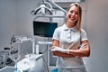 Woman dentist at her office smiling