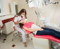Woman dentist in her office treating female patient Royalty Free Stock Photo