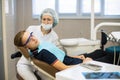 Woman dentist with a patient guy portrait in dental room