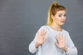 Woman deny something showing stop gesture with hands Royalty Free Stock Photo