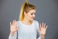 Woman deny something showing stop gesture with hands Royalty Free Stock Photo