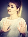 Woman deny something showing stop gesture with hands Royalty Free Stock Photo