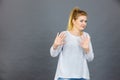 Woman deny something showing stop gesture with hands Royalty Free Stock Photo