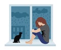 Woman with depressive thinking. Cartoon unhappy girl sitting on the windowsill. Concept of anxious feeling, vector