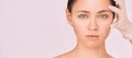 Woman derma treatment. Facial aesthetics anti age analysis. Cosmetology