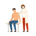 Woman dermatologist in medical mask examine patient with chickenpox vector flat illustration. Unhappy man visit doctor