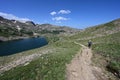 Woman descending King Lake Trail in Indian Peaks Wilderness, Colorado. Royalty Free Stock Photo