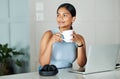 Woman, desk and coffee in home office with thinking with laptop in workplace for career opportunities. Female person Royalty Free Stock Photo