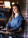 Woman at desk, dashboard and data analytics, coding and digital overlay, stock market statistics and technology abstract