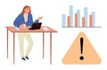 Woman Analyzing Data on Laptop Near Bar Chart and Warning Icon for Decision Making Royalty Free Stock Photo