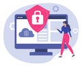 Woman and desktop display with information security. Flat design illustration. Vector Royalty Free Stock Photo