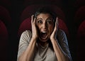 Woman desperate and scared terrorized at cinema hall watching horror movie