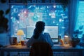 Woman detective using advanced technology holographic screens to analyze digital forensic evidence