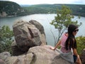 Young Asian Woman Atop Boulders at Devil`s Lake, Wisconsin