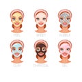 Woman with different facial cosmetic masks. Set of vector illustrations isolated on white background.