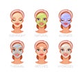 Woman with different facial cosmetic masks. Set of vector illustrations isolated on white background.