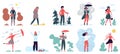 Woman in different weather. Girl walking in cloudy, windy, rainy and cold weather vector illustration set. Season and