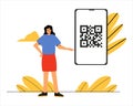 A woman with a digital vaccine certificate qr code. Access by QR code. Payment by code