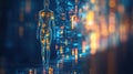 Woman, digital, walking, city, futuristic, glowing, network, background, data, AI, tech