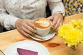Woman dinner with cheessecake and coffee at restaurant Royalty Free Stock Photo