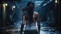 Woman in dirty torn sleeveless walks away down dark scary alley in rain, lonely adult girl escapes at night. Female person like in Royalty Free Stock Photo