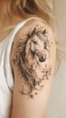 A woman displaying a detailed horse tattoo on her upper arm, showcasing intricate artwork and design