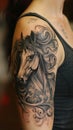 A woman displaying a detailed horse tattoo on her upper arm, showcasing intricate artwork and design