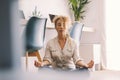 Woman do loto position at home to relax and wellbeing. Indoor relaxed activiy for adult female people sitting on the floor. Living Royalty Free Stock Photo