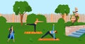 Woman do yoga at nature, person group in park, vector illustration, flat female people character lifestyle, young girl