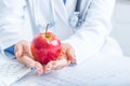 Woman doctor in ambulance holds red apple in hands. On desk laptop and EKG diagram Royalty Free Stock Photo