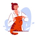 Woman doctor cleans heals cat ears. Taking care of grooming for pets. Vector illustration in flat cartoon style.