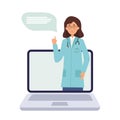 woman doctor consults online by video call on laptop. Telemedicine concept. Chat with a medical worker Royalty Free Stock Photo