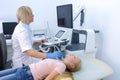 Doctor examining patient child girl thyroid gland using ultrasound scanner. Royalty Free Stock Photo