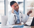Woman, doctor or headache at desk or medicine burnout at hospital, mental health stress or tired. African female Royalty Free Stock Photo