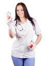 Woman doctor holding a glass bottles with a vaccine. Royalty Free Stock Photo