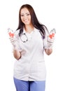Woman doctor holding a glass bottles with a vaccine. Royalty Free Stock Photo