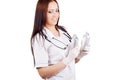 Woman doctor holding a glass bottles with a vaccine. Royalty Free Stock Photo