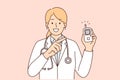 Woman doctor holds glucometer to measure increase in insulin in diabetic patients