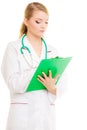 Woman doctor in lab coat with stethoscope. Medical