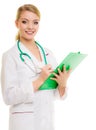 Woman doctor in lab coat with stethoscope. Medical