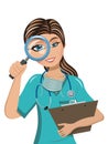 Woman doctor looking through magnifying lens isolated