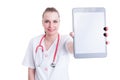 Woman doctor or medic showing blank screen wireless tablet Royalty Free Stock Photo