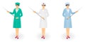 Woman doctor in medical coat holding pointer with stick. Young nurse with a pointer.